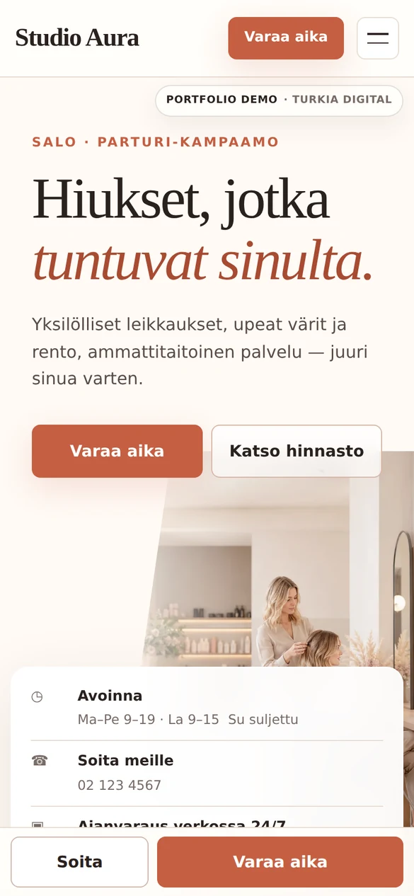 Studio Auran verkkosivudemo puhelimen näytöllä
