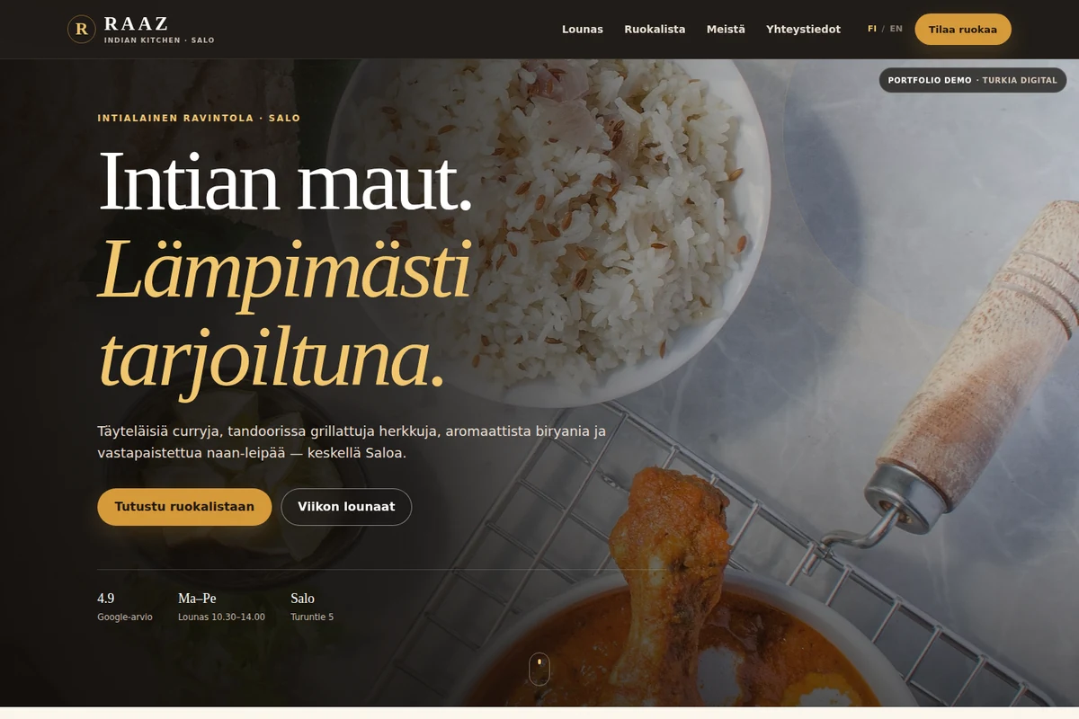 Aito kuvakaappaus Raazin tumman ja kullan sävyisestä verkkosivudemosta